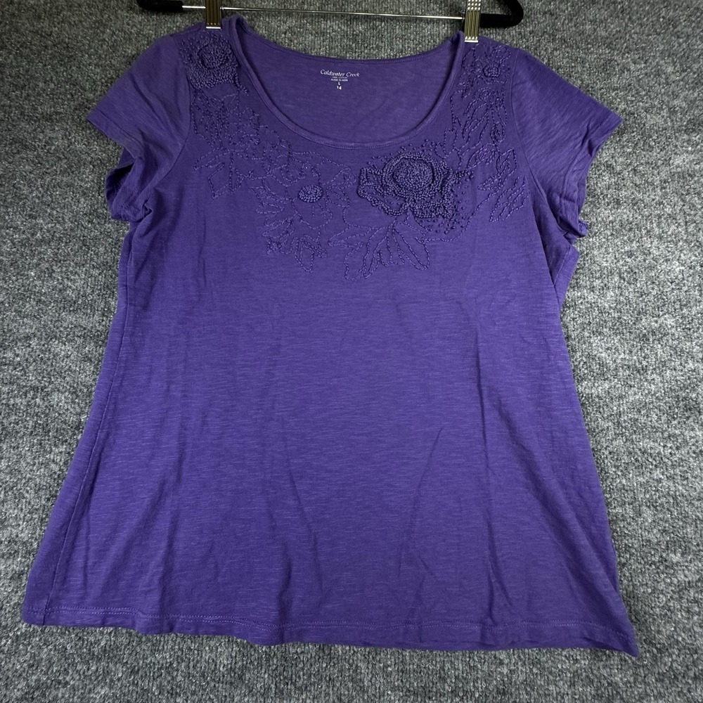 Coldwater Creek Women Purple Short Sleeve Top L Raised Floral Scoop Neck 4013018